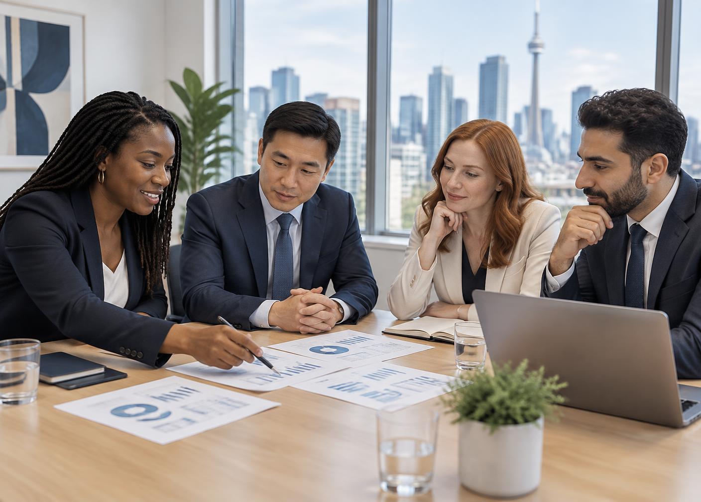 A diverse group of Canadian professionals reviewing printed financial reports in a bright boardroom