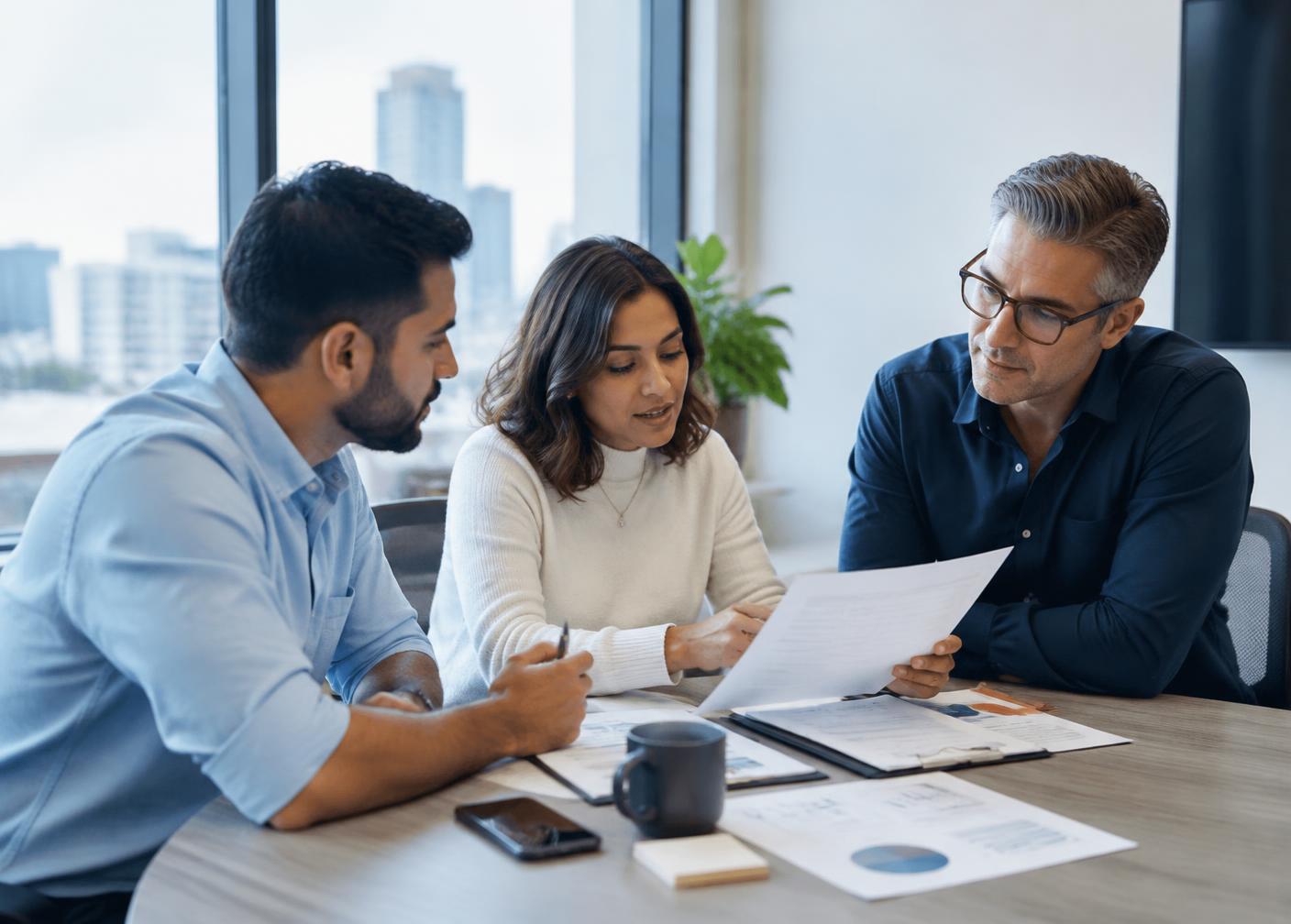A small professional team reviewing financial reports together